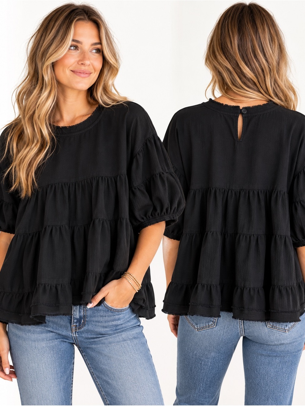 Newbury Kustom Black Tiered Romantic Boho Babydoll Top size Small 100% Cotton